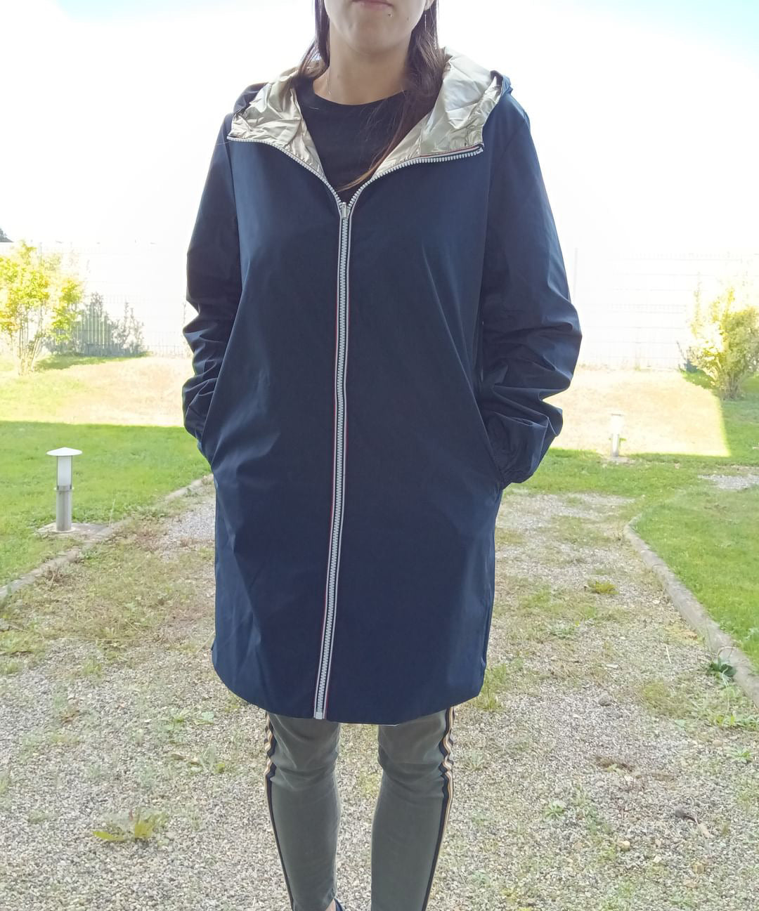 Manteau long réversible imperméable Melya Melody bleu marine/doré