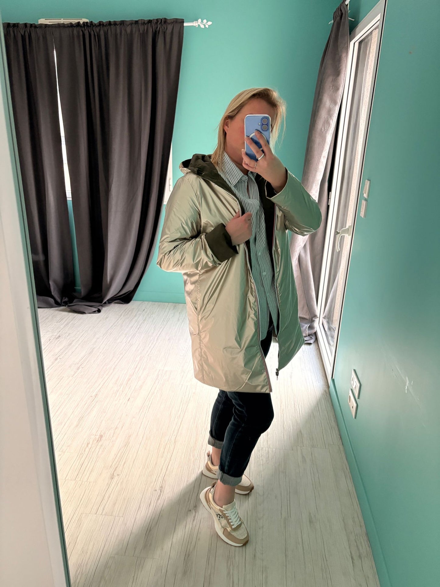 Laura Jo - Imperméable réversible long mi-saison garnissage ouate kaki / doré