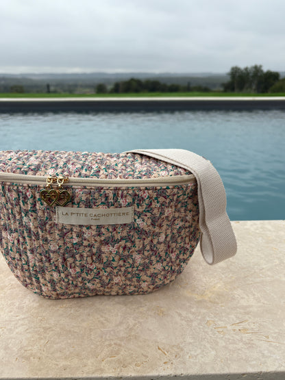 Sac banane en coton liberty fleuri beige lilas « La Ptite cachottière »