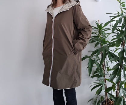 Melya Melody - Manteau léger long réversible imperméable kaki marron doré - Curvy