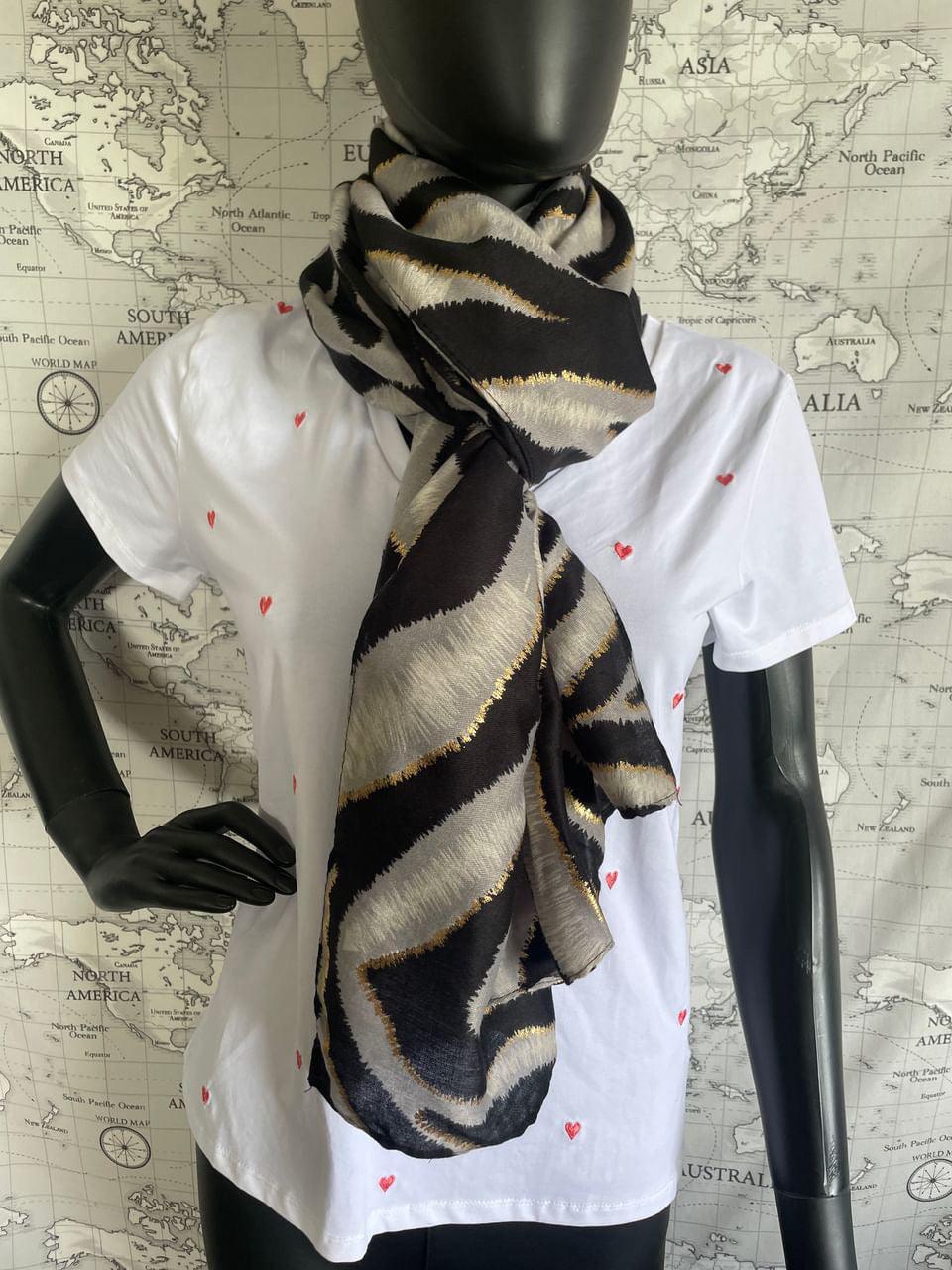 Foulard en tissu motifs zébré noir et gris avec touche de doré