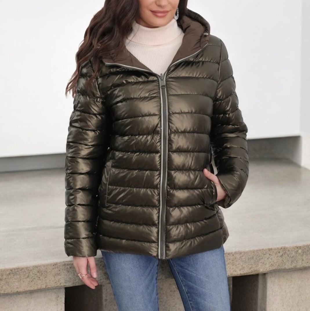Melya Melody - Manteau court marron/kaki réversible et imperméable matelassé kaki brillant