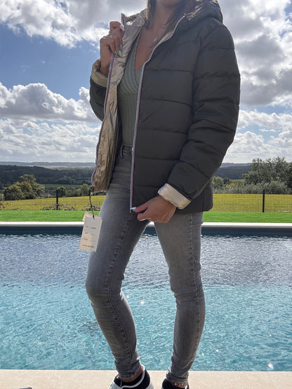 Doudoune manteau imperméable court réversible matelassé kaki doré