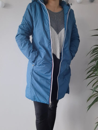 Melya Melody - Manteau long imperméable fourré fausse fourrure bleu canard