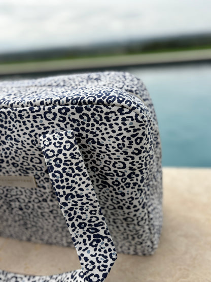 Sac week-end de voyage polochon coton fin léopard bleu marine blanc