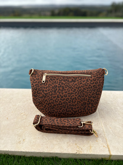 Sac banane tissu doux léopard marron noir 2 poches