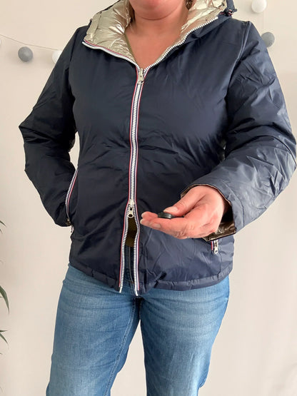 Laura Jo - Manteau doudoune courte matelassé réversible imperméable bleu marine doré avec capuche