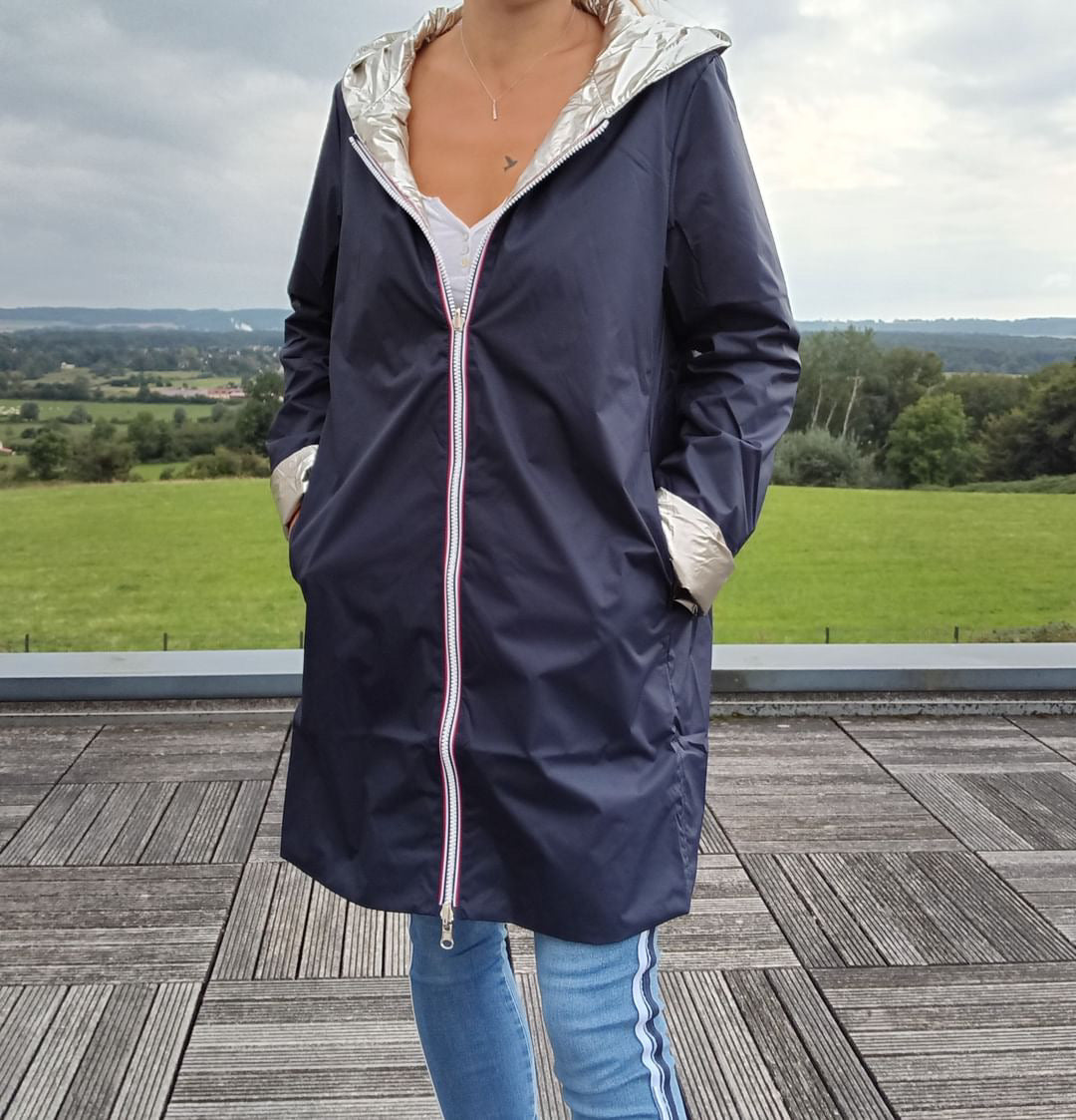 Imperméable réversible long mi-saison garnissage ouate Marque Laura Jo Bleu Marine / Doré