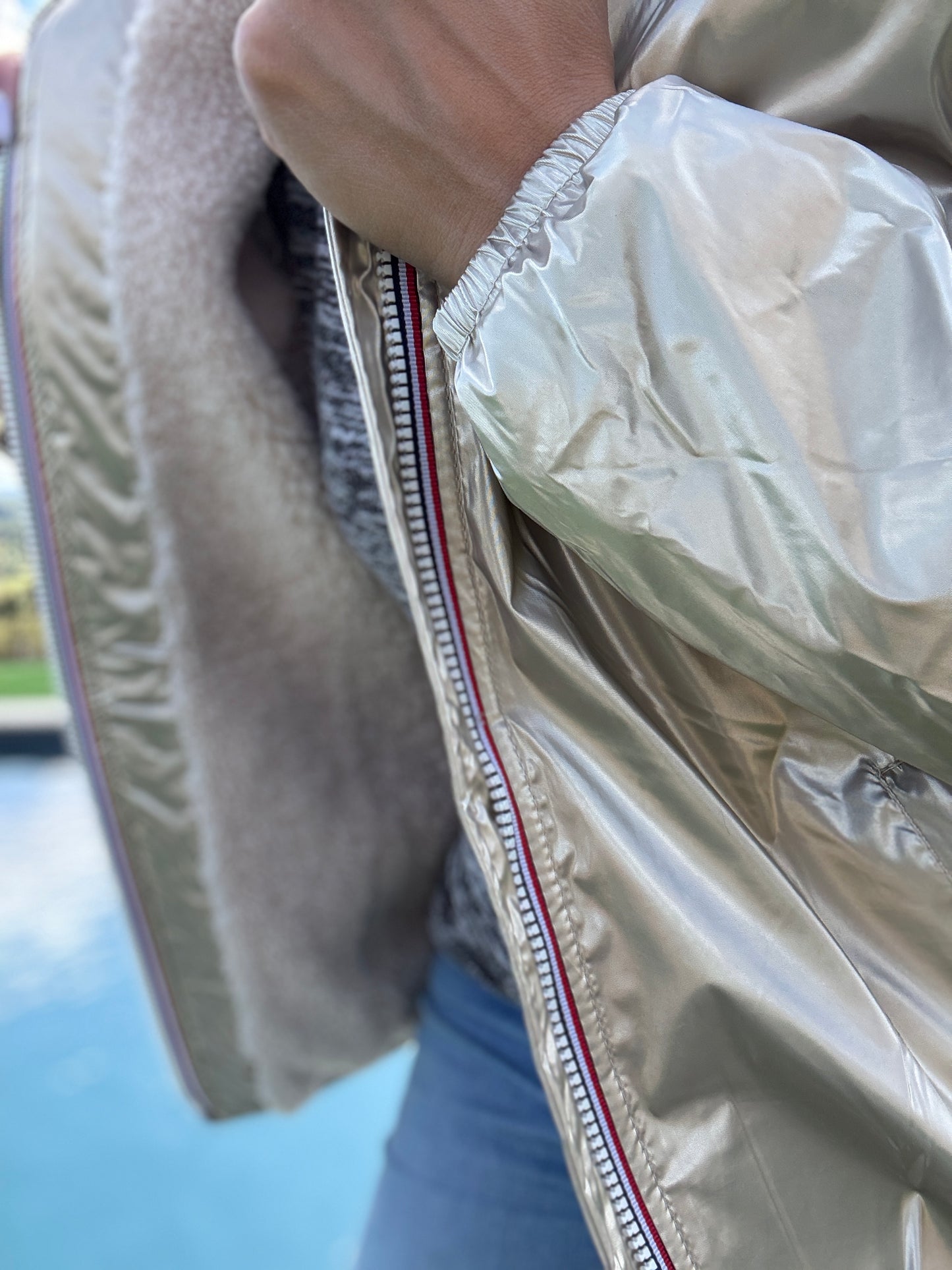 Laura Jo - Imperméable fourré court fausse fourrure doré intérieur imitation sherpa beige