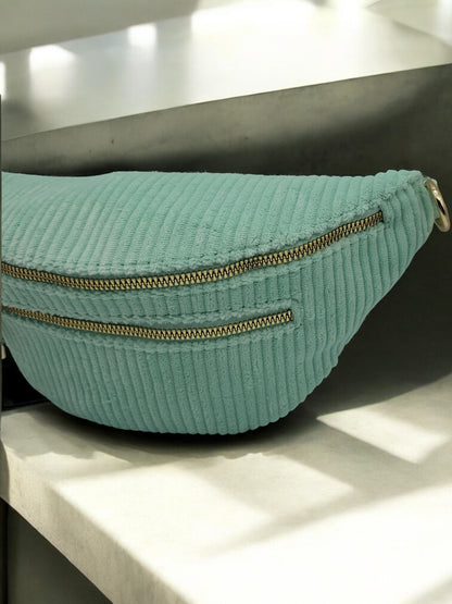 Sac banane velours côtelé 2 poches vert/bleu sangle fantaisie