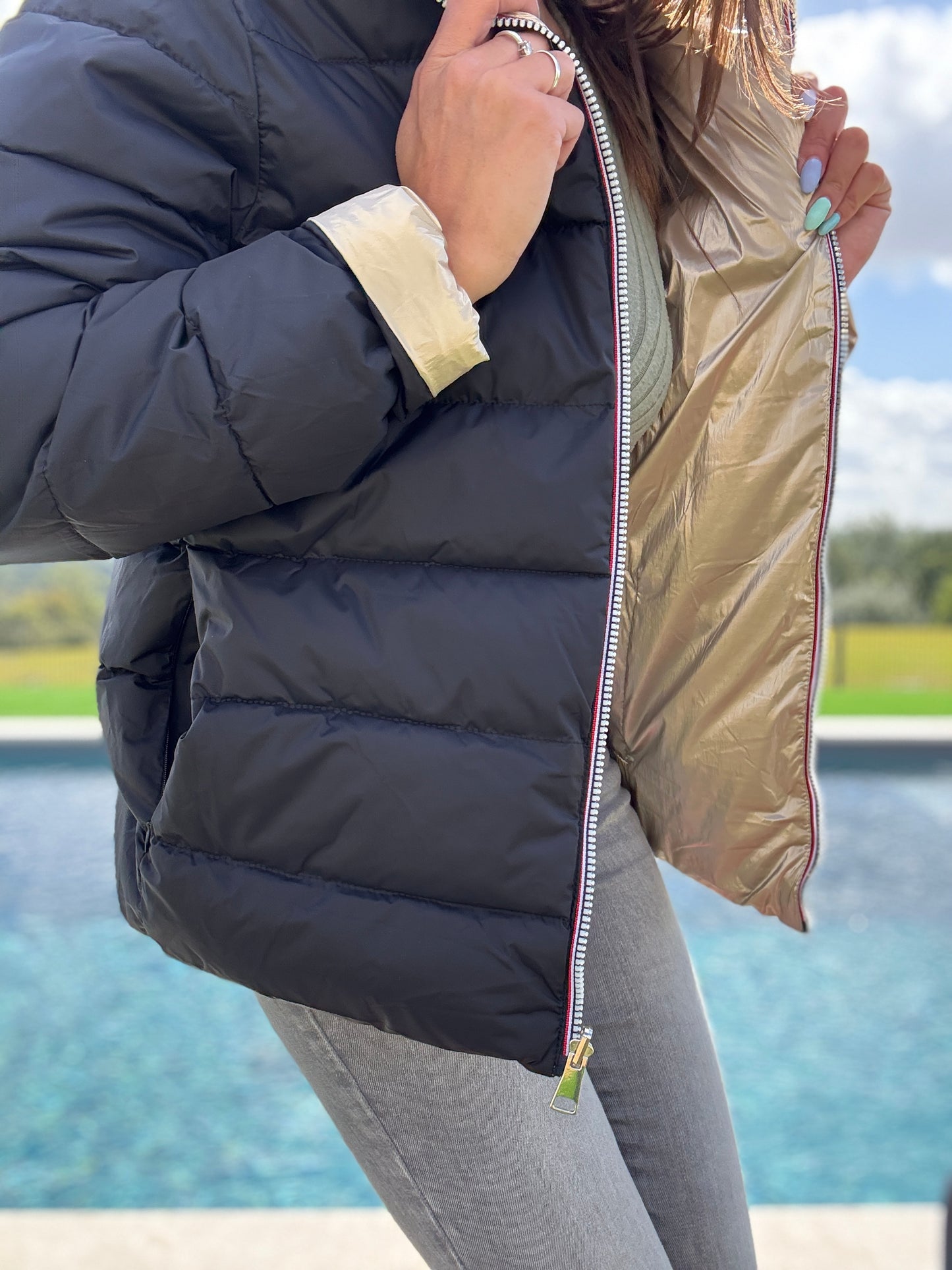 Doudoune manteau imperméable court réversible matelassé noir doré
