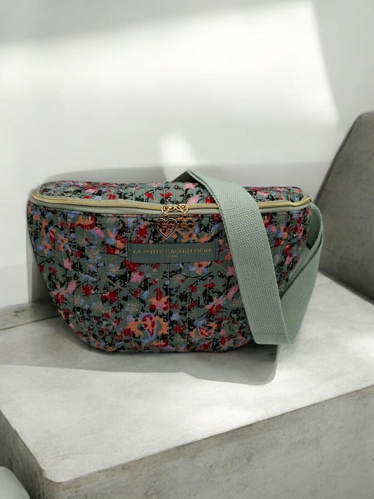 Nouveautés - Sac banane en coton liberty fleuri vert d’eau « La Ptite cachottière »