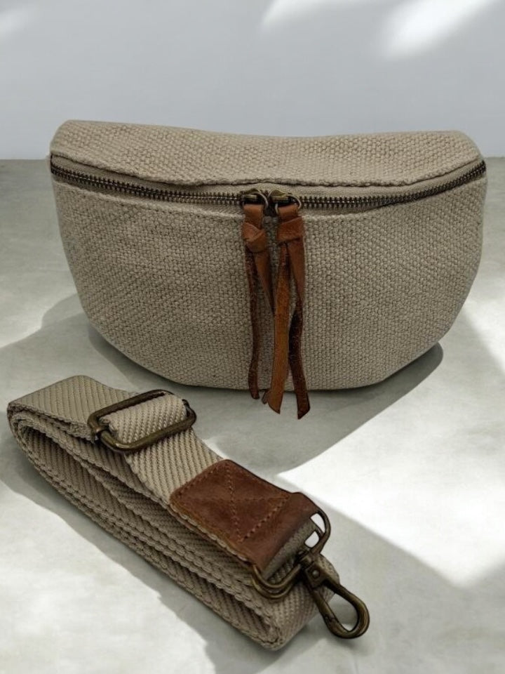 Nouveutés - Sac banane en jute beige 1 poche doubles curseurs