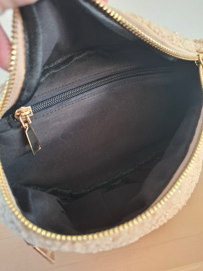 Sac banane XL peluche moumoute 2 poches beige écru