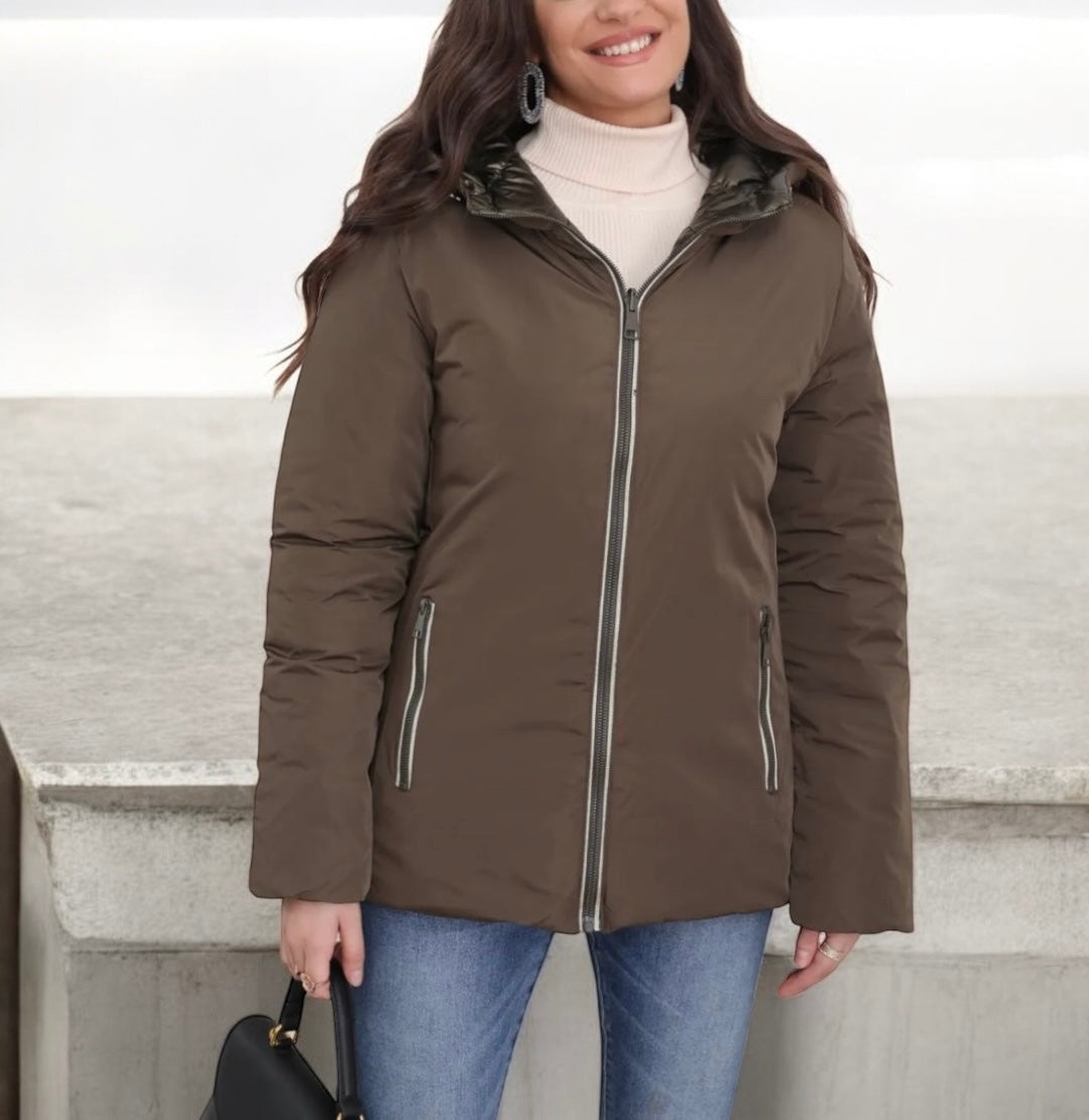 Melya Melody - Manteau court marron/kaki réversible et imperméable matelassé kaki brillant