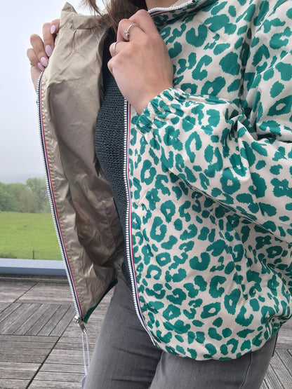 Escandelle - Parka imperméable courte Léopard vert réversible doré
