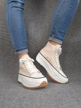 Chaussures baskets haute plate-forme toile couleur Beige et blanc