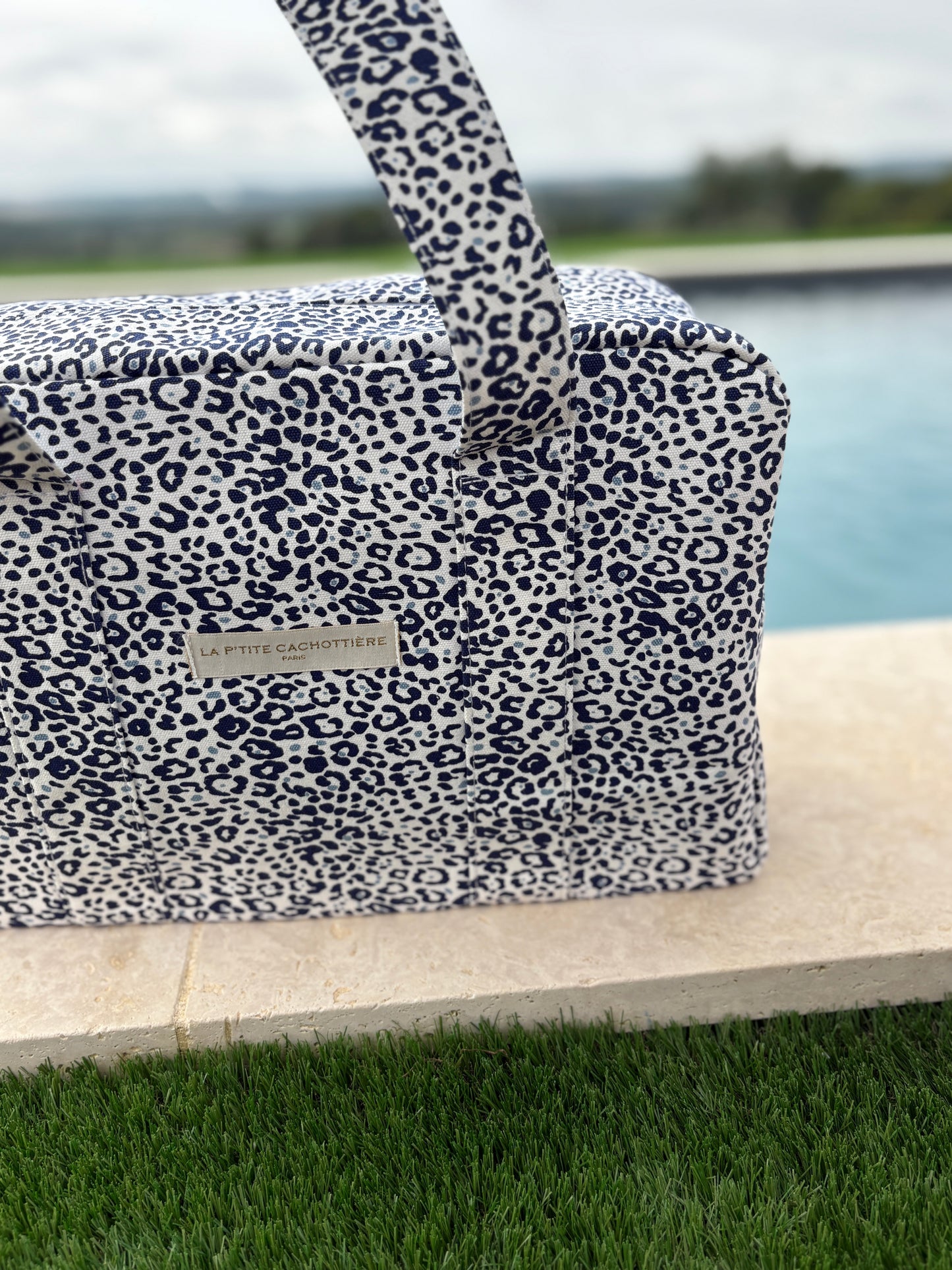Sac week-end de voyage polochon coton fin léopard bleu marine blanc