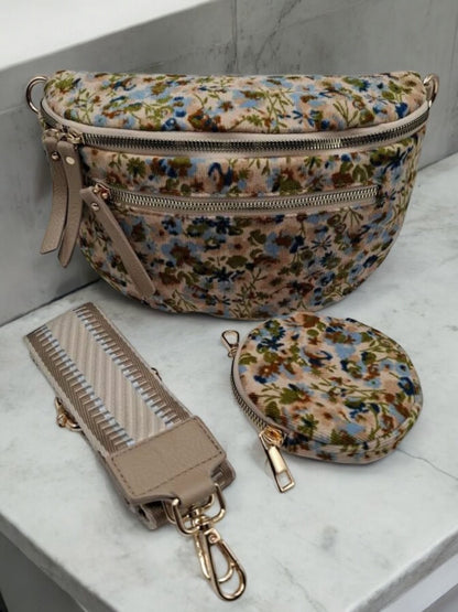 Sac banane velours côtelé très fin fleuri liberty beige avec porte-monnaie assorti