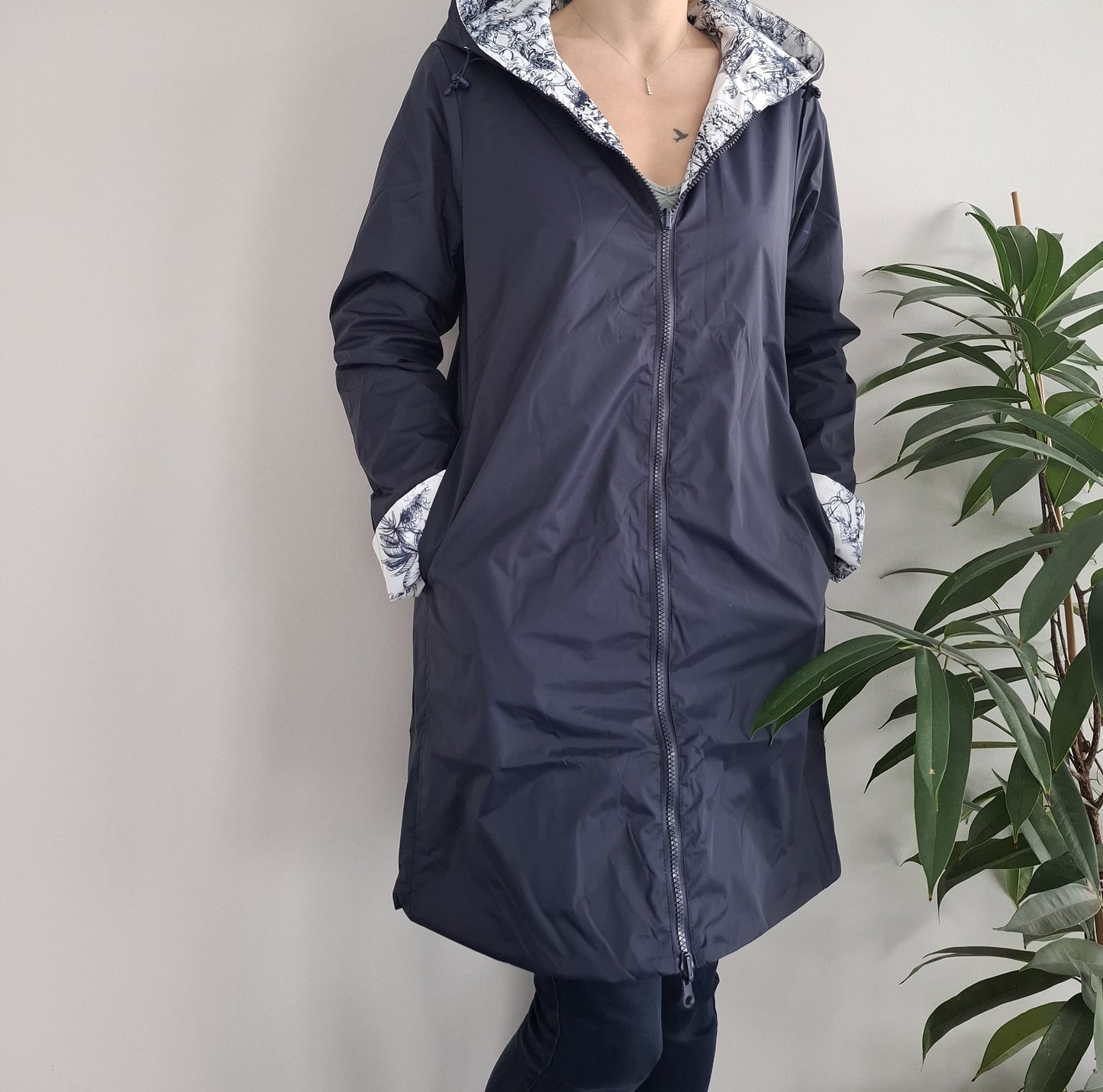 Laura Jo - Imperméable bleu marine réversible motif jungle long mi-saison garnissage ouate