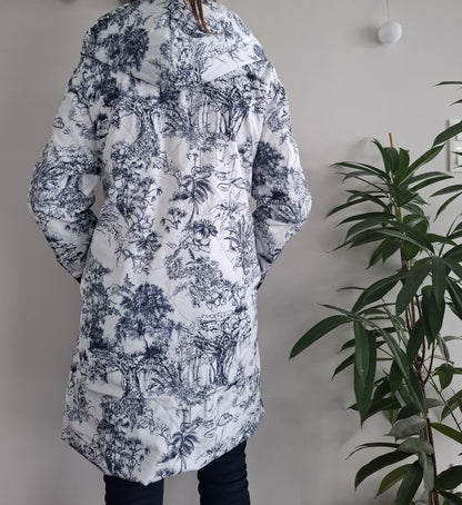 Laura Jo - Imperméable bleu marine réversible motif jungle long mi-saison garnissage ouate