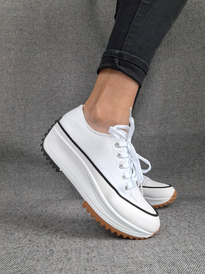 Chaussures baskets basses plate-forme tissu toile blanc