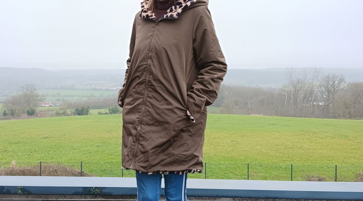 Melya Melody - Manteau long cuisses fourré réversible imperméable kaki marron léopard