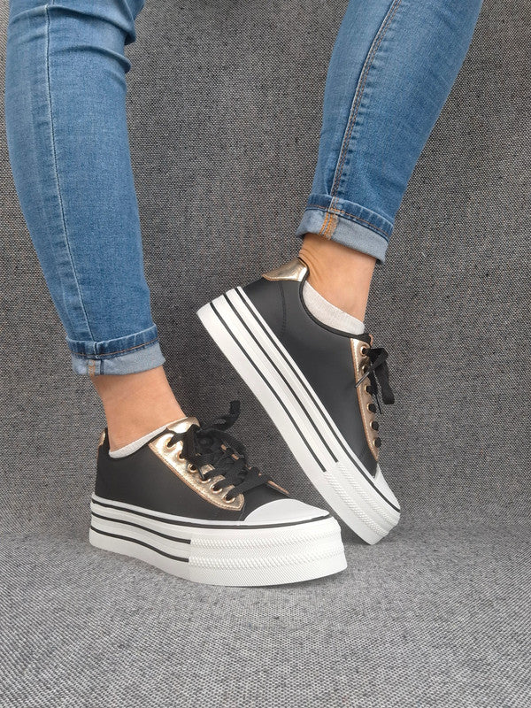 Chaussures baskets basses semelle compensée simili noir style converse