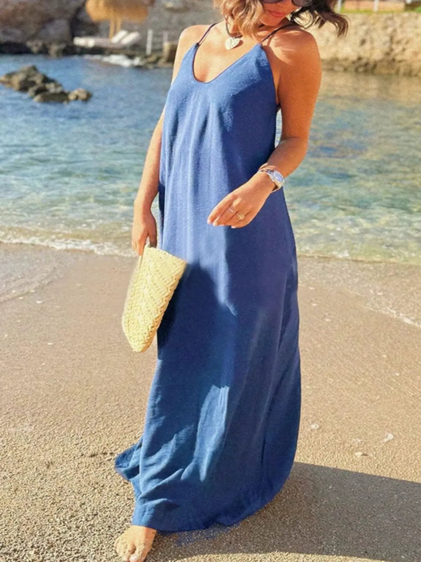 Robe Longue Dos Nu Bleue – Bretelles Fines Croisées | Maxi Robe Plage Été Femme Bohème