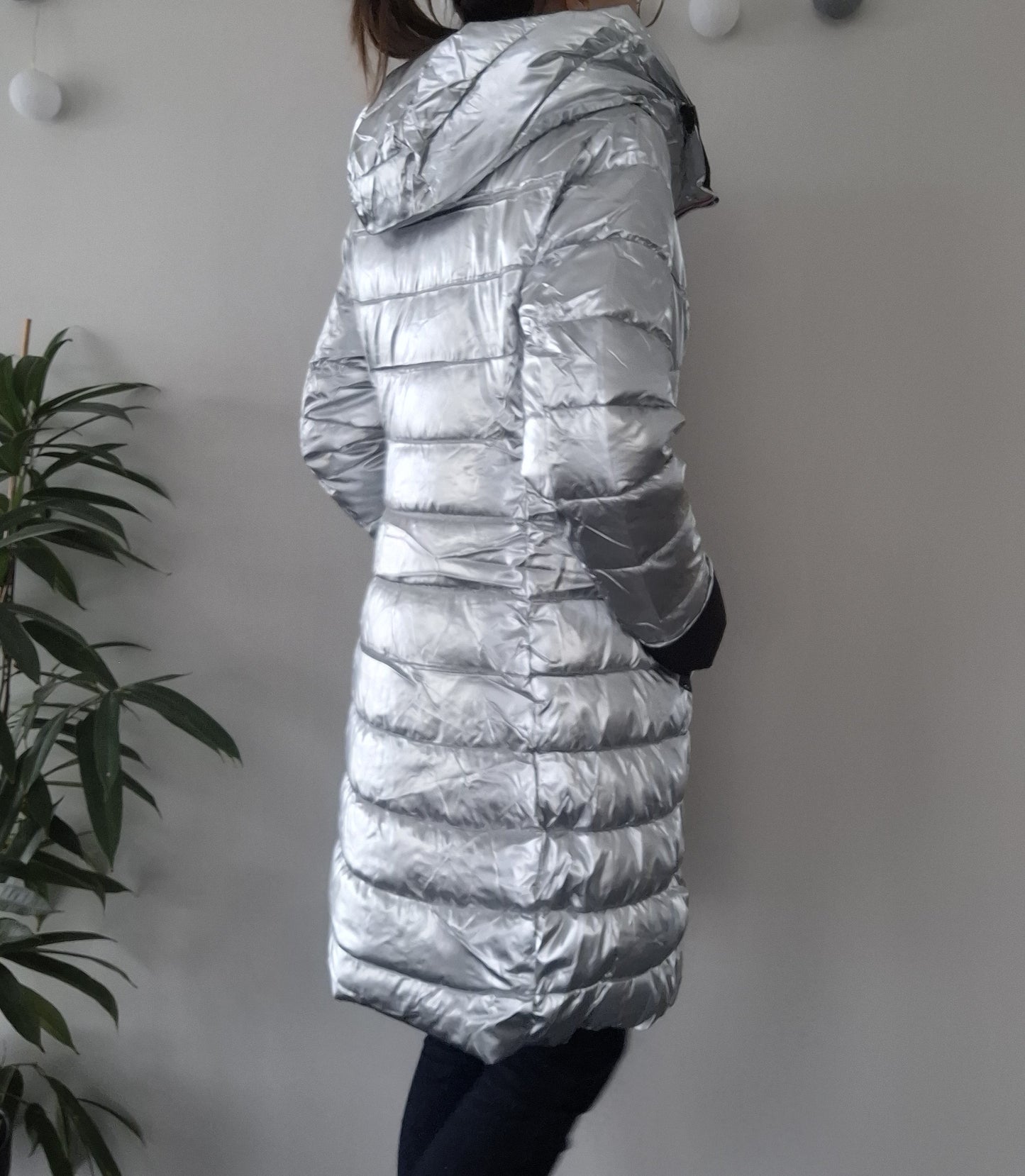 Doudoune manteau imperméable long noir réversible matelassé argenté