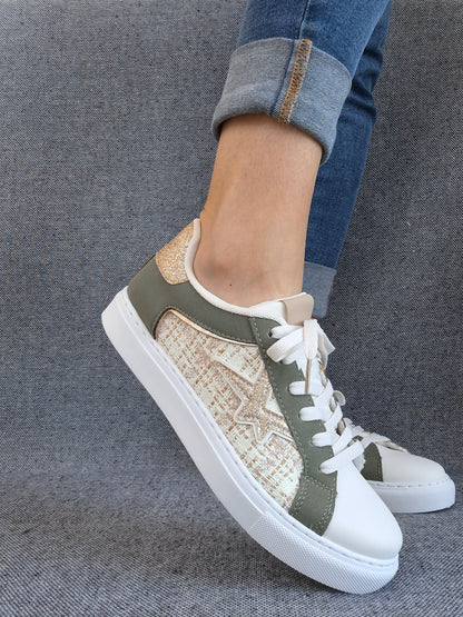 Chaussures baskets blanches kaki motif étoile style sneakers