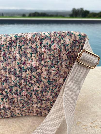 Sac banane en coton liberty fleuri beige lilas « La Ptite cachottière »