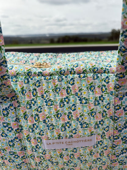 Sac week-end polochon en coton matelassé liberty fleuri bleu turquoise et touches orange