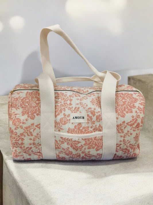 Nouveautés - Sac polochon blanc en coton liberty fleuri corail