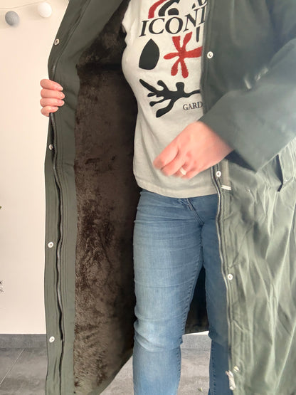 Manteau long type trench ciré hauteur genoux kaki fourré imperméable - Curvy