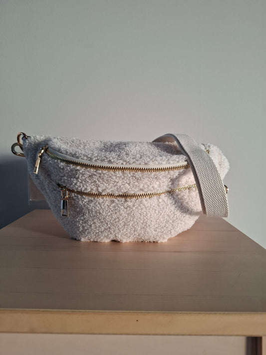 Sac banane peluche moumoute 2 poches blanc cassé