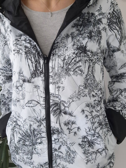 Laura Jo - Imperméable noir réversible motif jungle court garnissage ouate mi-saison