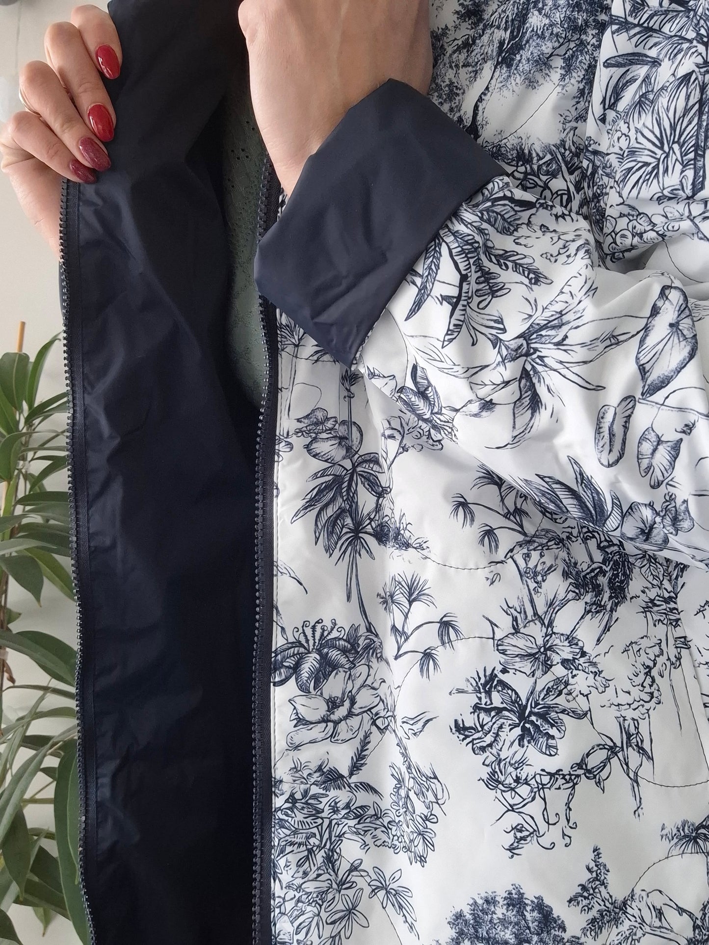 Laura Jo - Imperméable bleu marine réversible motif jungle long mi-saison garnissage ouate