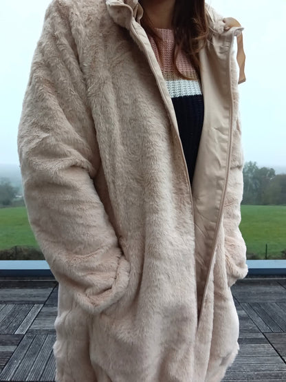 New Lolo - Manteau long BEIGE zip uni réversible, imperméable et complètement fourré resserrable à la taille