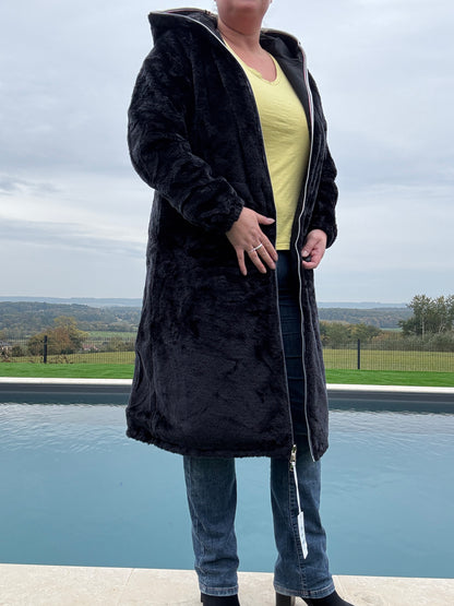 New Lolo - Manteau chaud long hauteur genoux noir fourré complet réversible imperméable