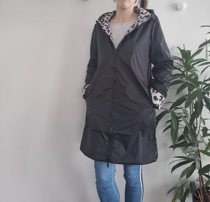 Laura Jo - Imperméable noir réversible léopard long mi-saison garnissage ouate