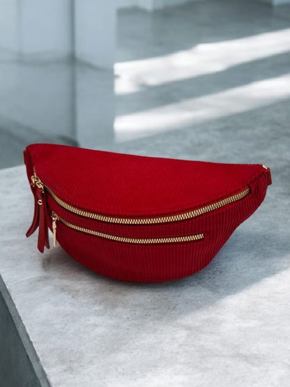 Sac banane velours côtelé 2 poches rouge sangle fantaisie