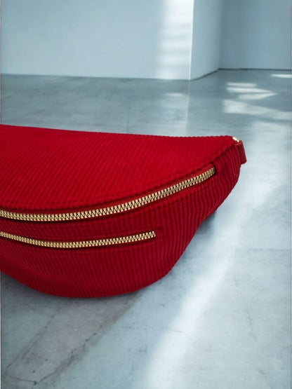 Sac banane velours côtelé 2 poches rouge sangle fantaisie