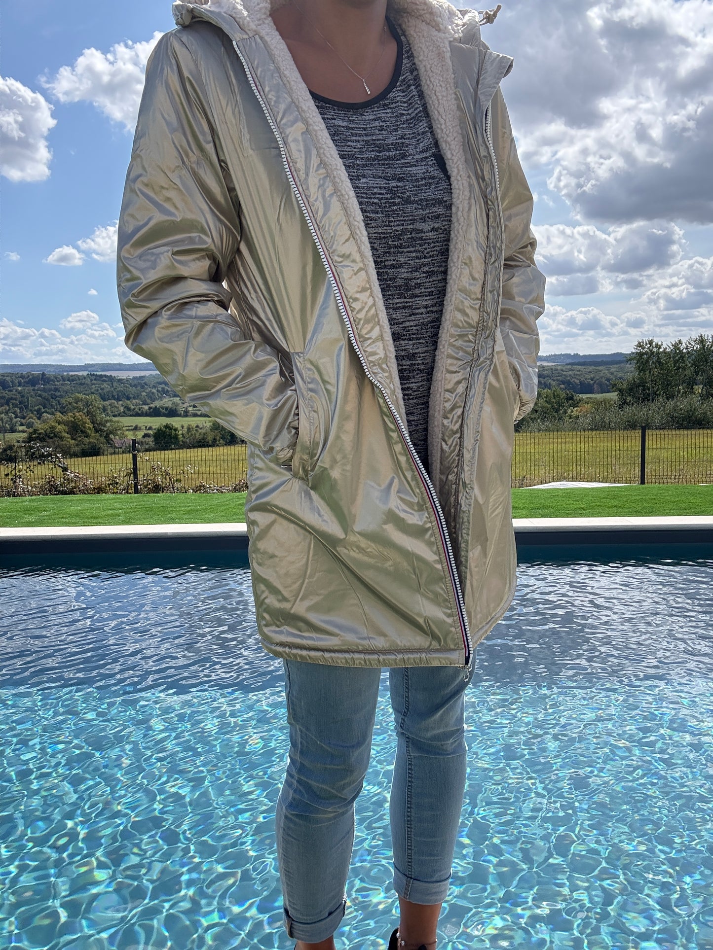 Laura Jo - Imperméable fourré long fausse fourrure doré intérieur sherpa beige