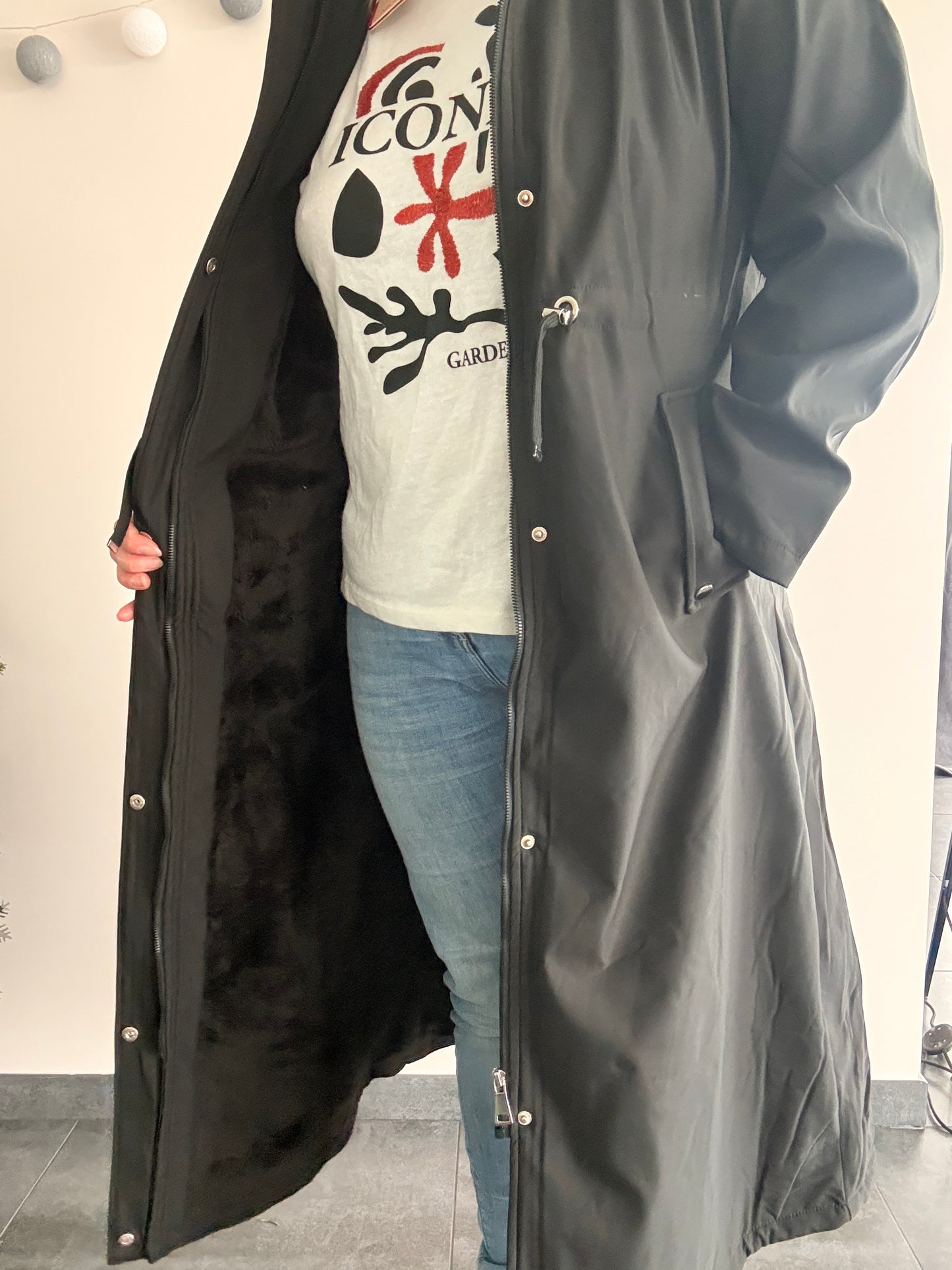 Manteau long imperméable fourré type trench ciré hauteur genoux noir - Curvy