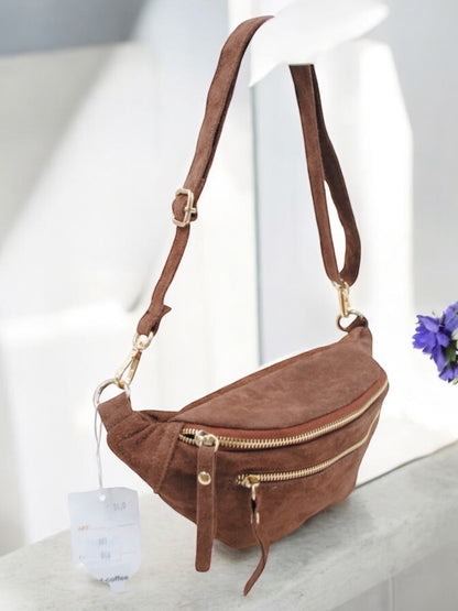 Sac banane croute de cuir velours 2 poches marron chocolat