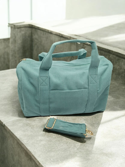 Sac week-end polochon vert d'eau bleu effet velours cotelé avec sangle unie