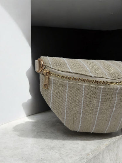 Sac banane en coton tissu bohème beige à rayures blanc doré