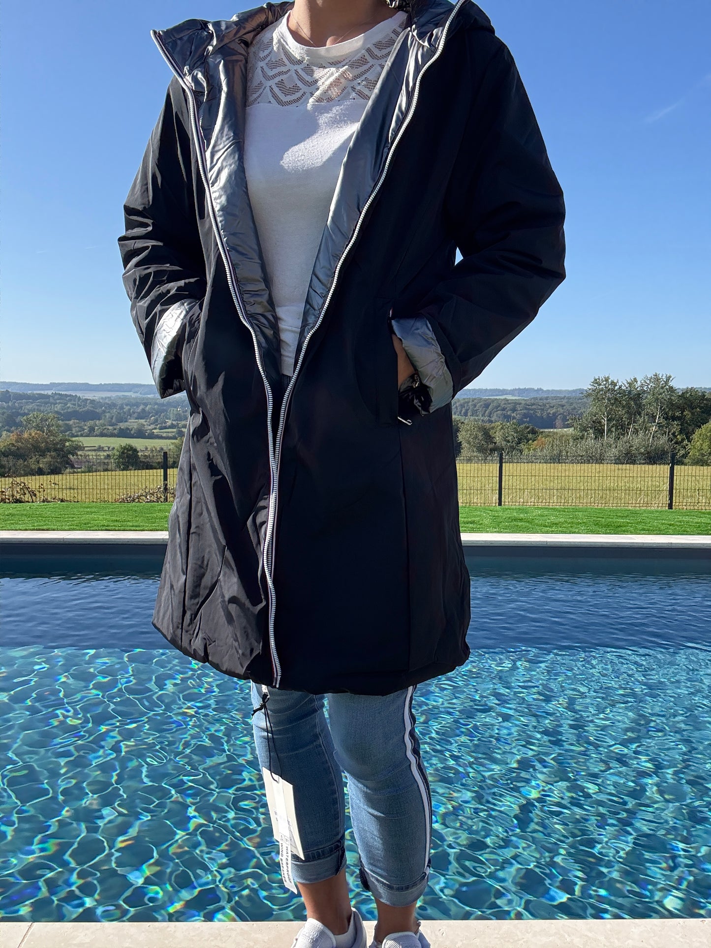 Melya Melody - Imperméable réversible long avec garnissage ouate couleur noir/argenté - Curvy