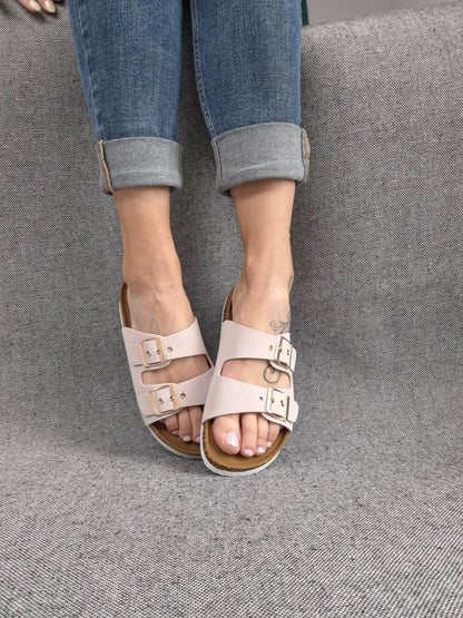 Chaussures sandales roses pastel à doubles lanières avec boucles métalliques style Birk